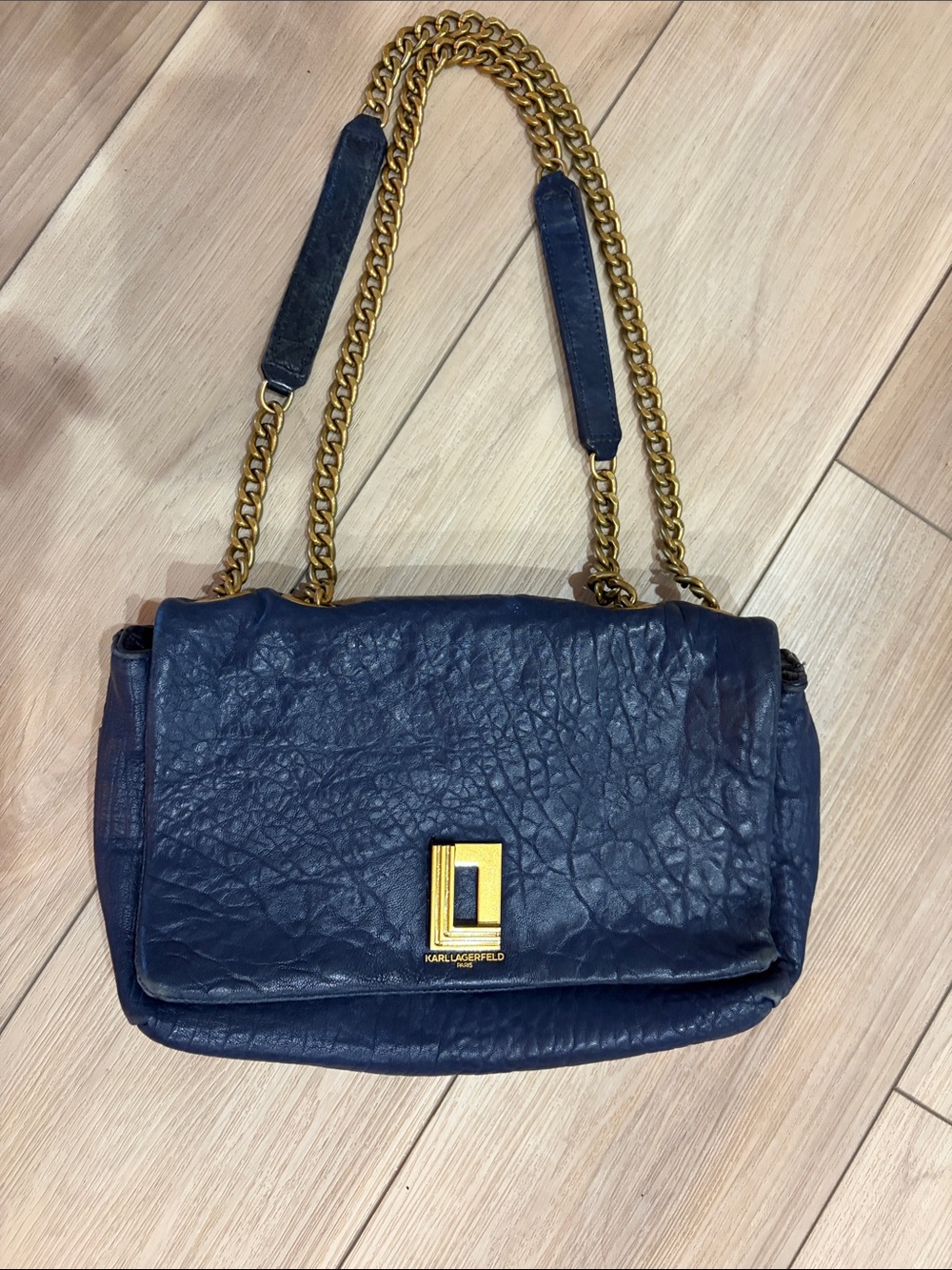 Karl Lagerfeld Navy Leather Shoulder Bag with Gold Chain